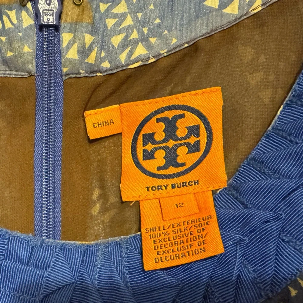 Tory Burch Silk Blue Brown Florisa Sleeveless Dress Geometric Circle Print Sz 12
